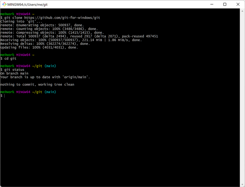 Capture d'écran d'un prompt sous gitbash, avec un exemple sous la forme me@work MINGW64 ~/git (main) où me est le nom de l'utilisateur, work le nom de la machine, ~/git le nom du dossier et (main) le nom de la branche git